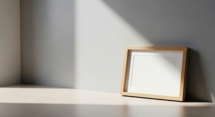 Blank Wooden Picture Frame Leaning Against a Wall with Natural Light and Shadows.