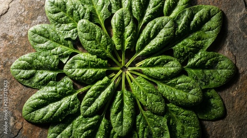 Spinach leaves arranged in perfect radial star pattern on dark stone