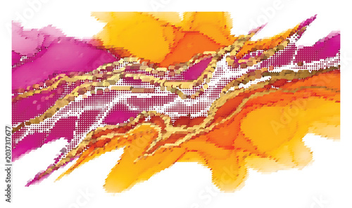 Artistic background with colorful watercolor splashes and dotted halftone texture flow.
