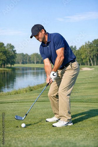 A man swinging a golf club at a ball on the grass.
