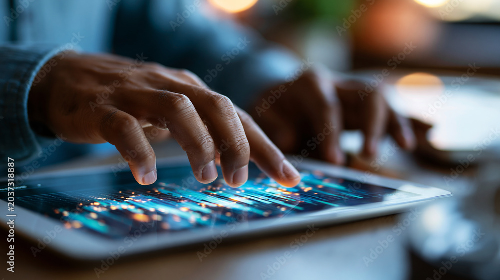 Fototapeta premium A close up of hands taps softly a bright tablet showing a glowing softly defocused predictive election poll model in calm daylight election prediction faceless detail