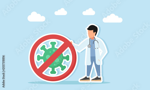 Doctor Standing Near Virus Bacteria and Germs Inside Prohibition Sign Illustration of Preventing Virus and Bacterial Infection