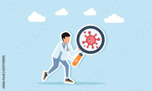 Doctor Observing Virus Bacteria and Germs Through Magnifying Glass Illustration of Studying Virology Science