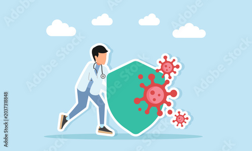 Doctor Using Shield to Protect Against Virus Bacteria and Germs Illustration of Preventing Viral and Bacterial Infection