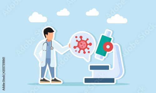 Doctor Standing Near Microscope With Chat Dialog Showing Virus Bacteria and Germs Illustration of Studying Virology Science