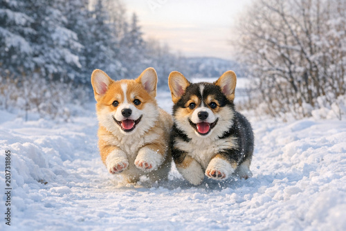Two adorable Corgis in the snow with wide open jaws and eyes, running and enjoying a play together. A heartwarming winter scene with a clear sky.