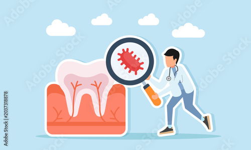 Doctor Near Tooth Observing Virus Bacteria and Germs With Magnifying Glass Illustration of Studying Dental Virology Science