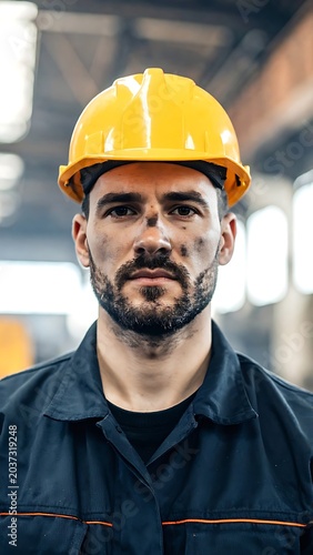 A man in a yellow hard hat and dark blue work shirt