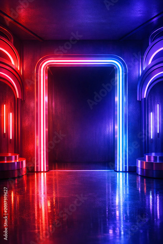 The image shows a corridor illuminated by vibrant purple and pink neon lights, creating an atmospheric tunnel entrance that leads into darkness beyond.
