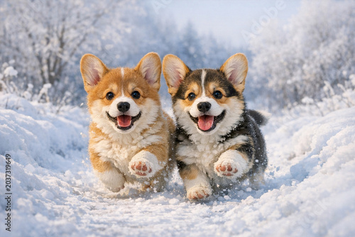 Two happy Corgis frolicking in the snow with joyous expressions.