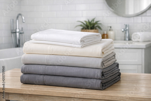 Folded towel stacks on top of a counter in the kitchen with white and beige designs.
