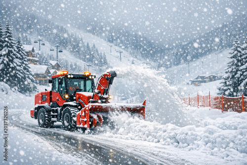 A snowplow at work on a mountain road during a blizzard.
