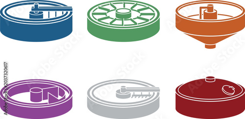 Isometric vector icon set featuring various industrial processing tanks including clarifiers and thickeners ideal for environmental engineering and wastewater treatment diagrams