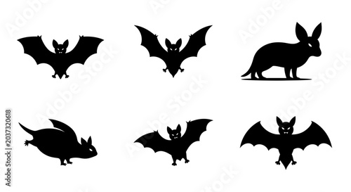 Set of Bat Silhouettes, Representing Different Poses and a Small Mammal Creature with Long Ears