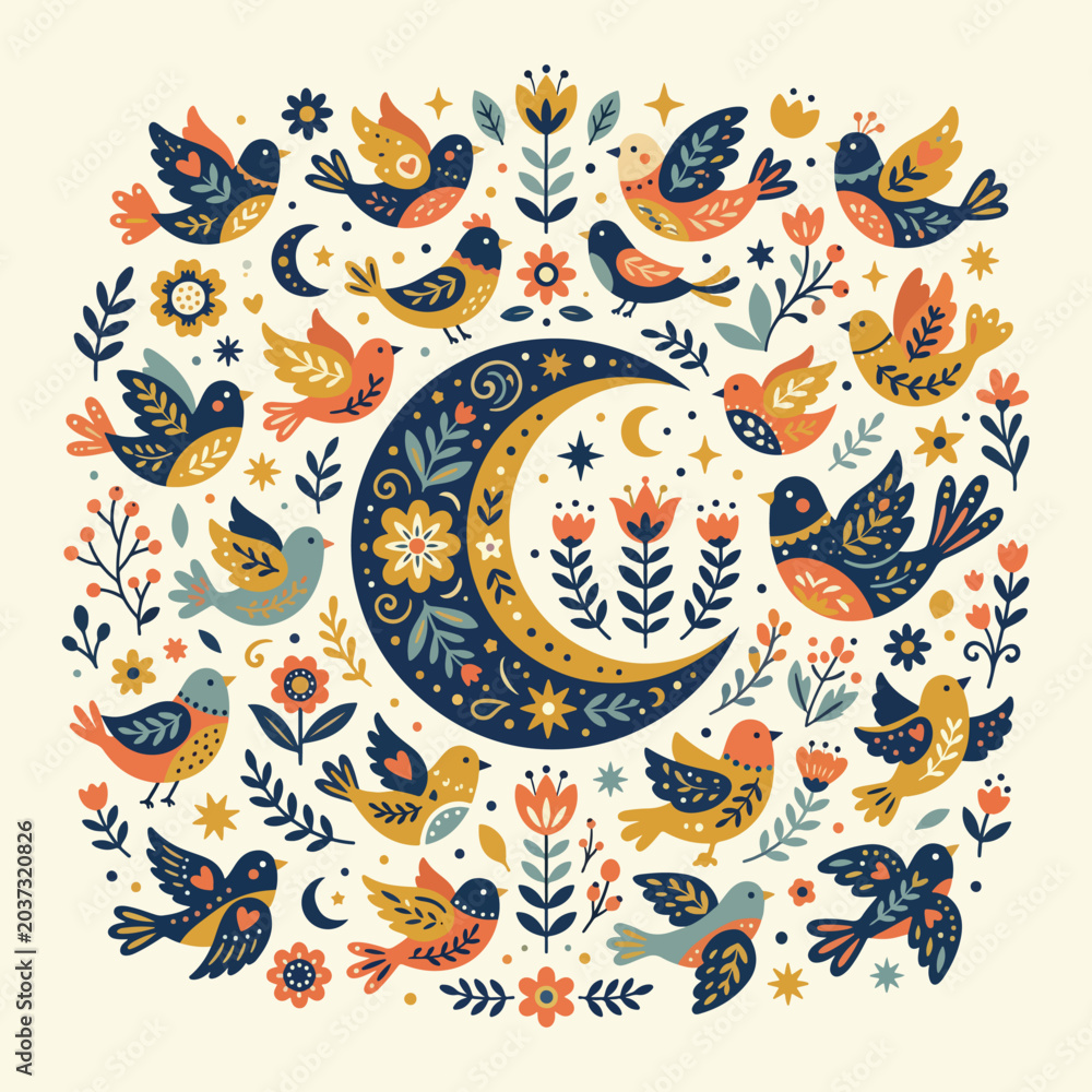 Naklejka premium Decorative Vector Pattern with Moon and Bird Elements in Folk Art Style with Warm Earth Tones
