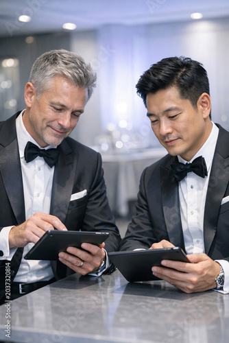 A scene of two well-dressed men focusing on their electronic devices
