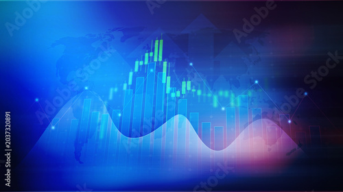 Foto Abstract Financial Data Visualization: A dynamic digital representation of stock market trends, with glowing bars, line graphs, and abstract shapes on a blue background