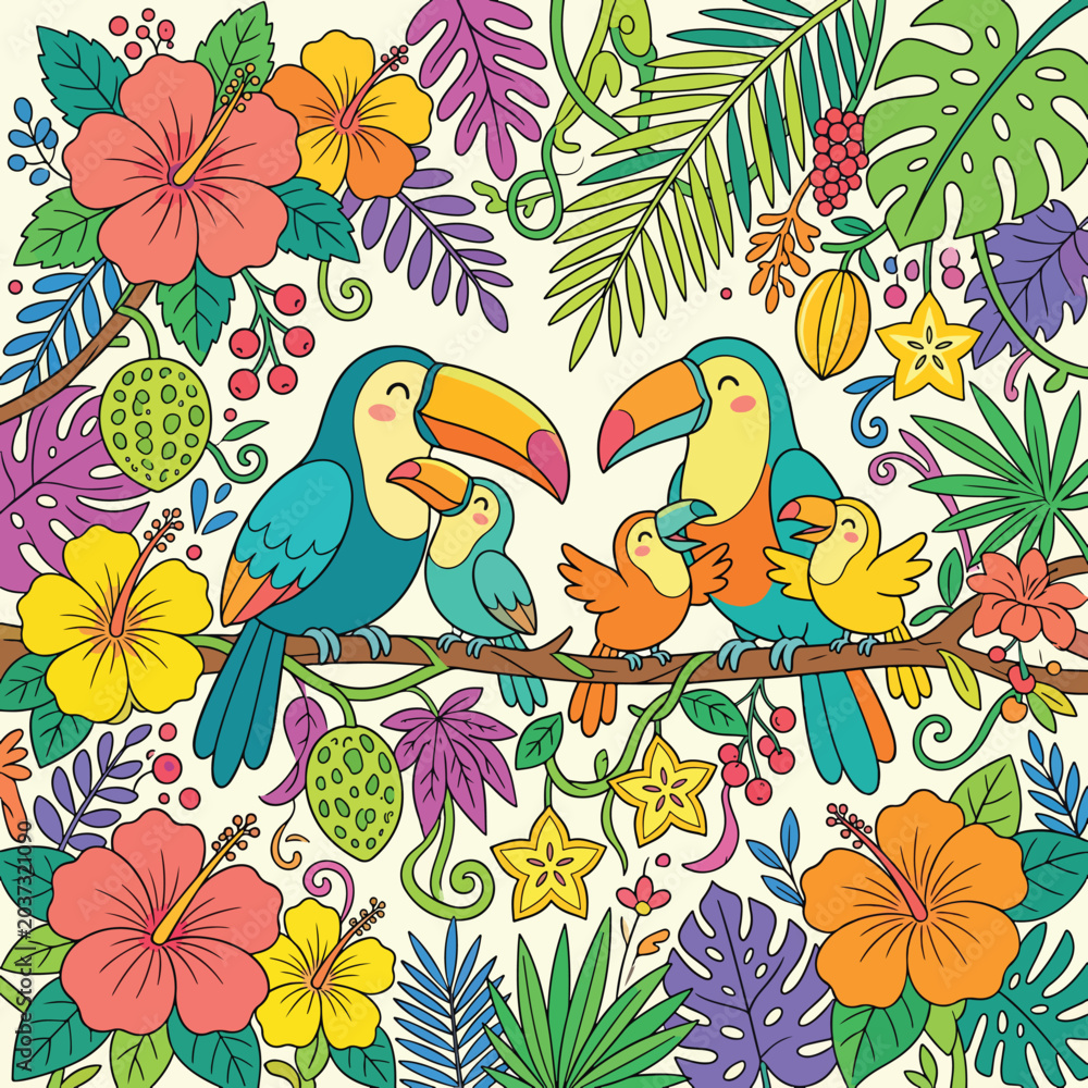 Obraz premium Vector Illustration of Colorful Tropical Birds and Flora in Modern Organic Style