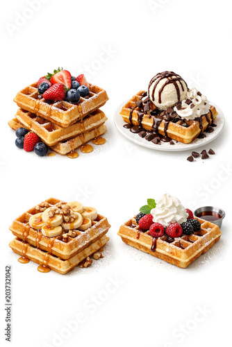A delightful assortment of Belgian waffles topped with fresh strawberries, blueberries, bananas, chocolate shavings, whipped cream, and nuts. A mouthwatering treat for breakfast or dessert.