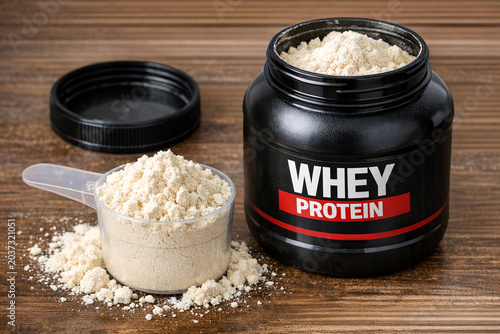 A clear plastic scoop next to a jar of whey protein powder with some spilled onto the tabletop.