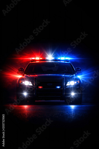 A police car with its lights on in the darkness.