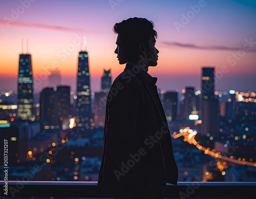 A man in silhouette looks out over a city at sunset