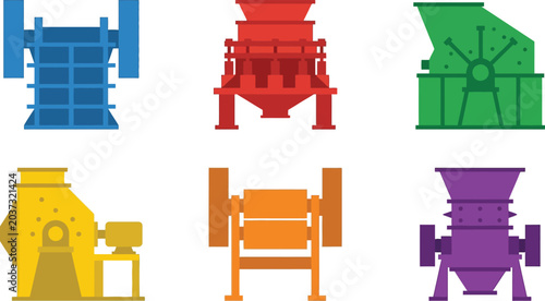 Slika na platnu Set of colorful industrial crushing machines flat vector illustrations for heavy