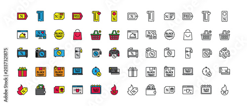 Black Friday Line Icons Color Set With Shopping Online, Gift, Pay, Discount , Price, Voucher, Hot Deal, Shopping Bag, Basket, Television discount, Coupons, Delivery Box,