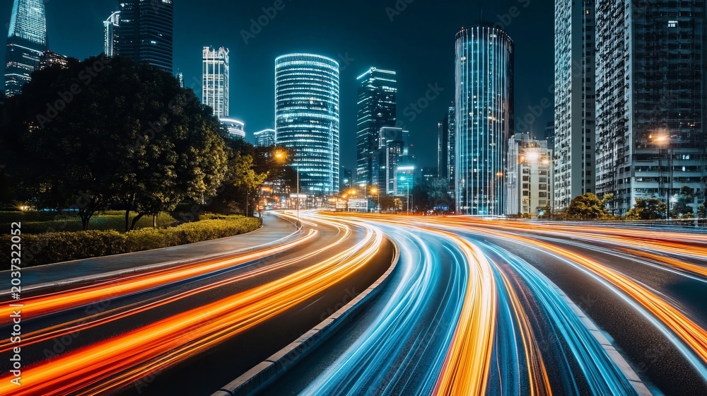 Fototapeta premium Dynamic Urban Nightscape with Speeding Traffic Trails Amidst Modern Architecture in a Bustling City