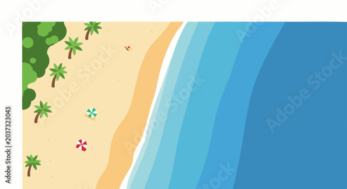 Overhead view of a serene beach with palm trees, umbrellas, and gentle ocean waves