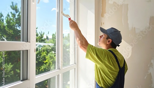 A man painting a wall with a brush near a window