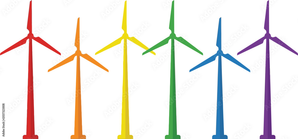 Fototapeta premium Five colorful wind turbines in a rainbow gradient depicting sustainable energy and eco-friendly power generation isolated on a white background