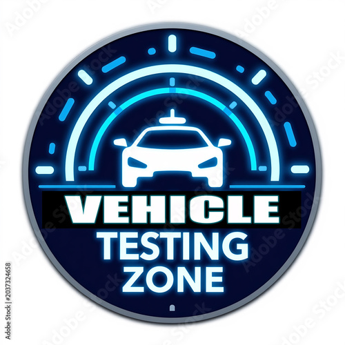 Circular blue glowing vehicle testing zone sign with car silhouette and digital interface.
