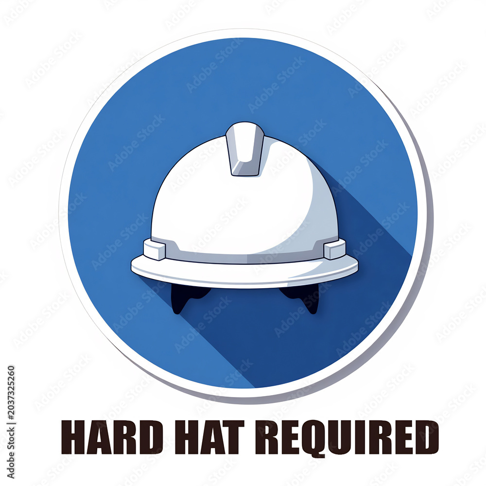 Fototapeta premium Hard hat required mandatory safety sign with white helmet illustration on blue background.