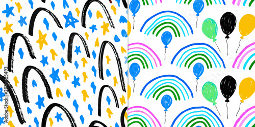 colorful rainbow and balloon pattern childlike hand drawn illustration