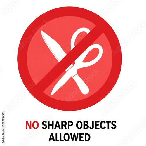 Red circle prohibition sign depicting crossed out scissors indicating no sharp objects now.