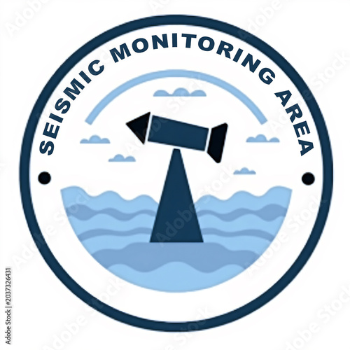 Seismic monitoring area sign, round symbol with underwater sensor graphic.