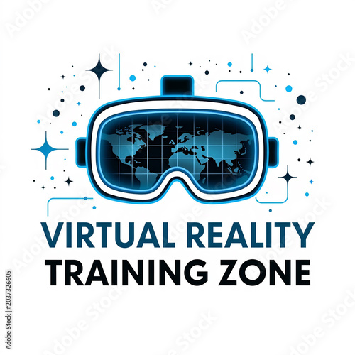 Virtual reality training zone sign headset with world map starry background.
