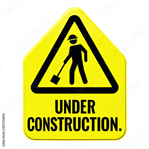 Under construction sign with worker silhouette and shovel, caution warning.