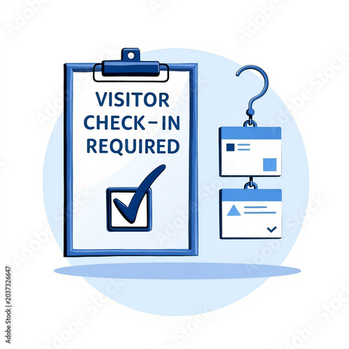 Visitor check in required clipboard document icon with identification badges on hook chain.