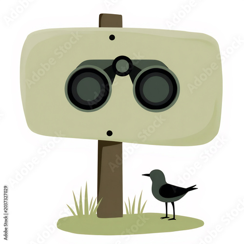 Birdwatching sign featuring binoculars illustration and small black bird on grassy ground.