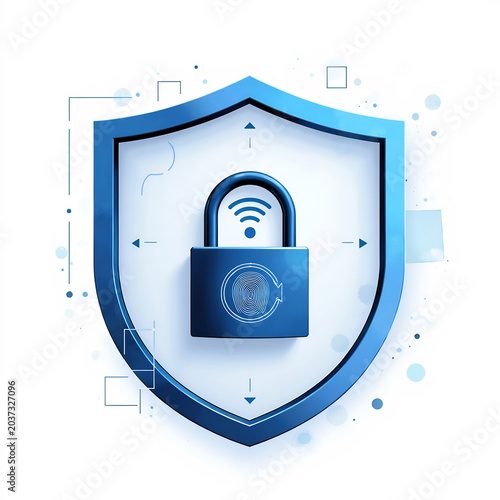 Blue shield with padlock, fingerprint and wifi icon for security.