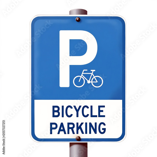 Blue bicycle parking sign with white letter p and bike icon isolated on white background.