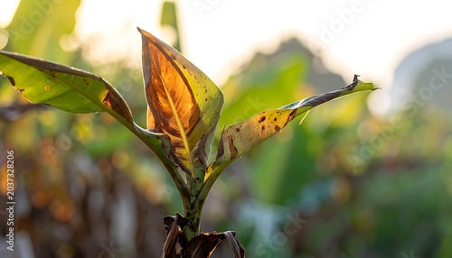 A close-up of a small plant with green and brown leaves