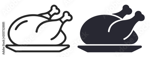 Black and white icons of cooked whole chicken on a plate, food symbols for menu or cooking illustrations on transparent background