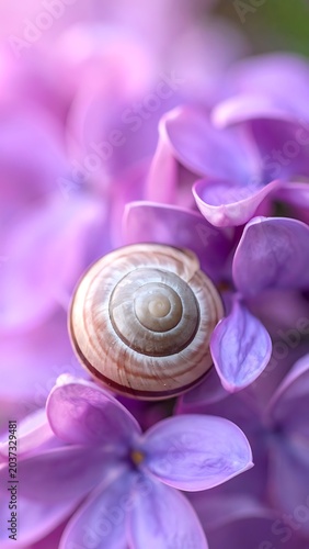 A close-up of a snail shell surrounded by purple flowers
