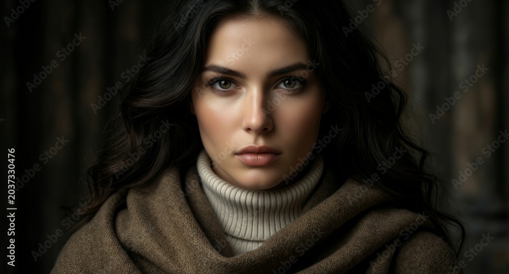 Fototapeta premium Elegant woman with dark hair and intense gaze, wrapped in a warm brown scarf against a moody, textured background.