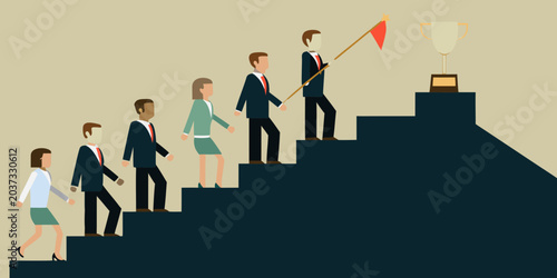 Tablou pe pânză Businesspeople Ascending Staircase With Trophy Vector Illustration