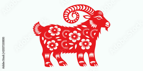 Canvastavla Red Goat Ram With Floral Ornament Paper Cut Style Illustration