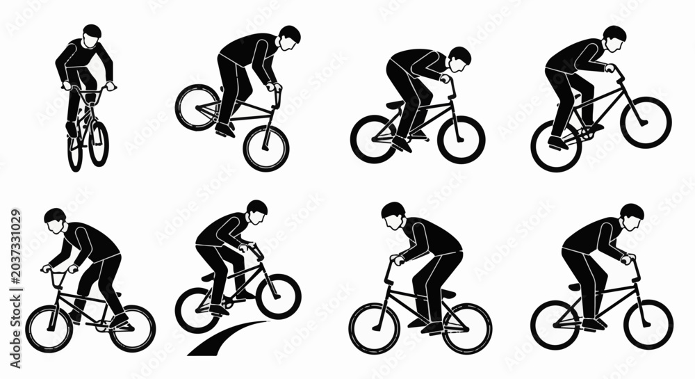 Naklejka premium Multiple figures demonstrate BMX bike stunts and maneuvers on flat ground and inclines